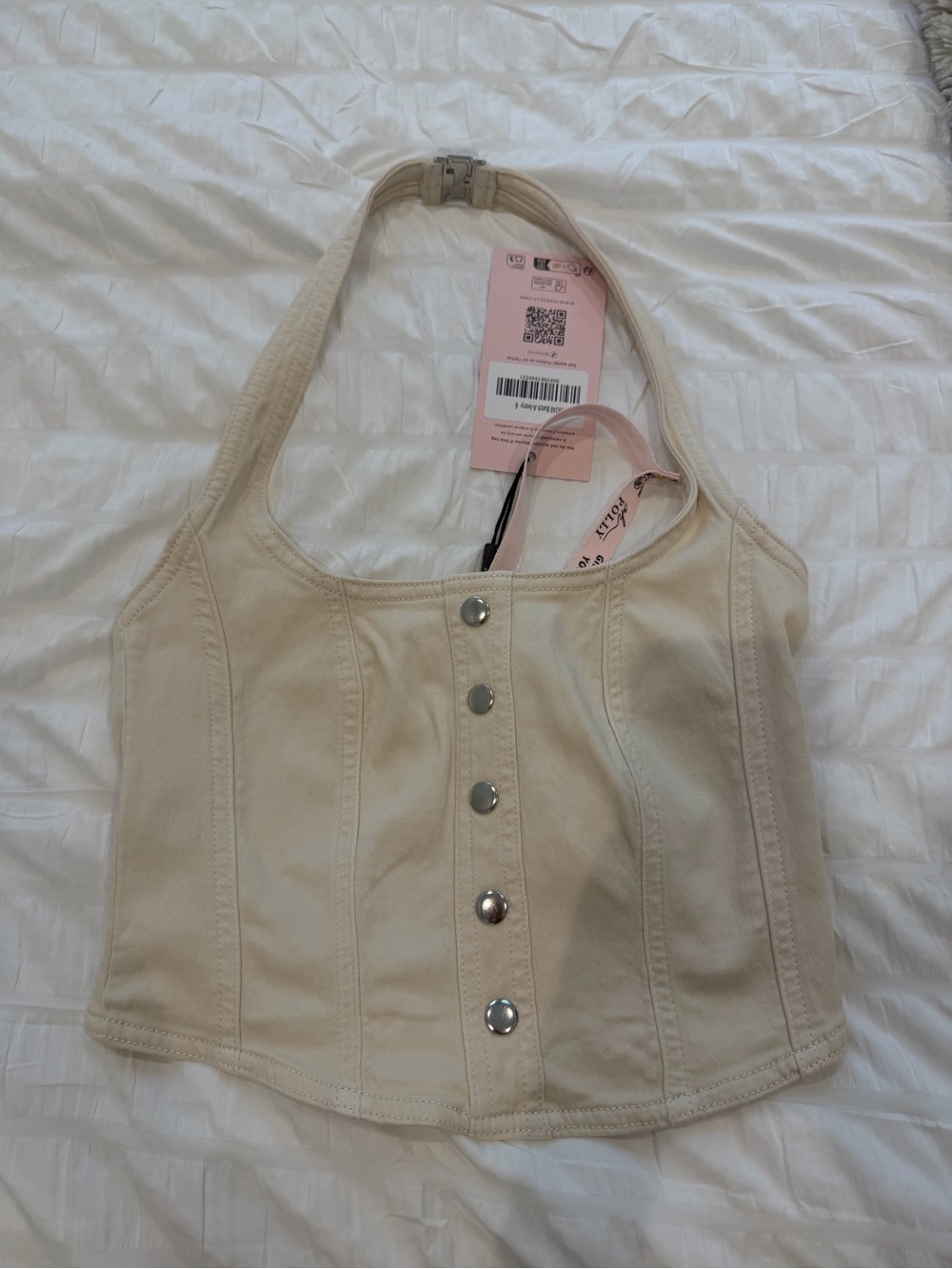 Oh Polly Cream Halter Button-Front Crop Top - Picture 2 of 3